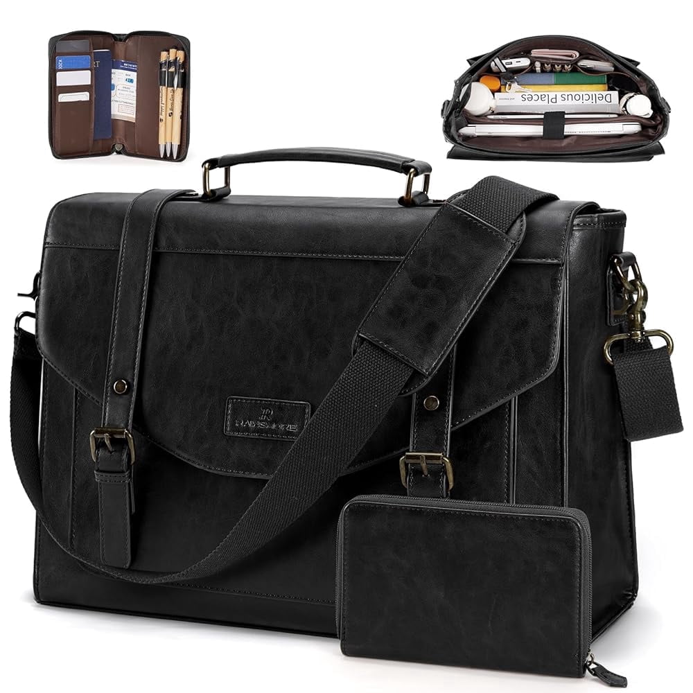 RAINSMORE 15.6 Inch Messenger Bag for Men Flap Vintage PU Leather Laptop Bag Work Briefcase with Wallet Satchel Computer Bag,Black