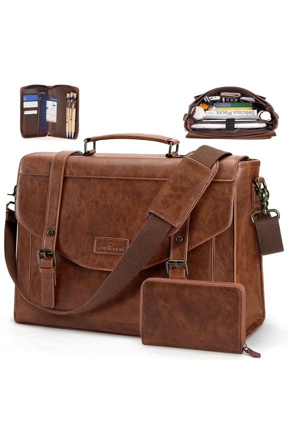 RAINSMORE 15.6 Inch Messenger Bag for Men Flap Vintage PU Leather Laptop Bag Work Briefcase with Wallet Satchel Computer Bag,Brown