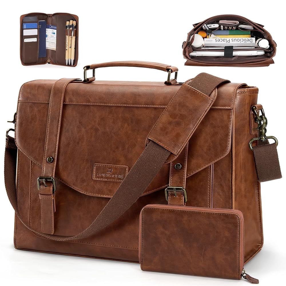 RAINSMORE 15.6 Inch Messenger Bag for Men Flap Vintage PU Leather Laptop Bag Work Briefcase with Wallet Satchel Computer Bag,Brown