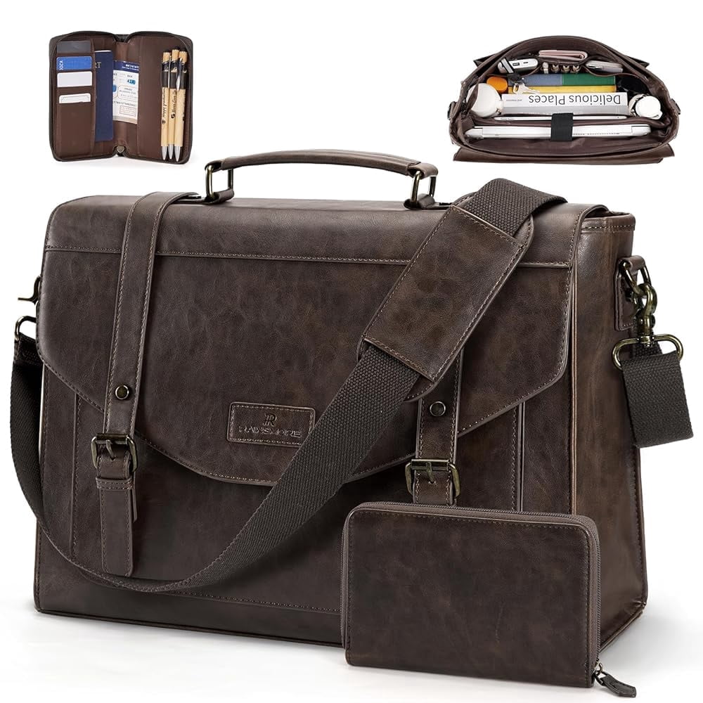 RAINSMORE 15.6 Inch Messenger Bag for Men Flap Vintage PU Leather Laptop Bag Work Briefcase with Wallet Satchel Computer Bag,Coffee