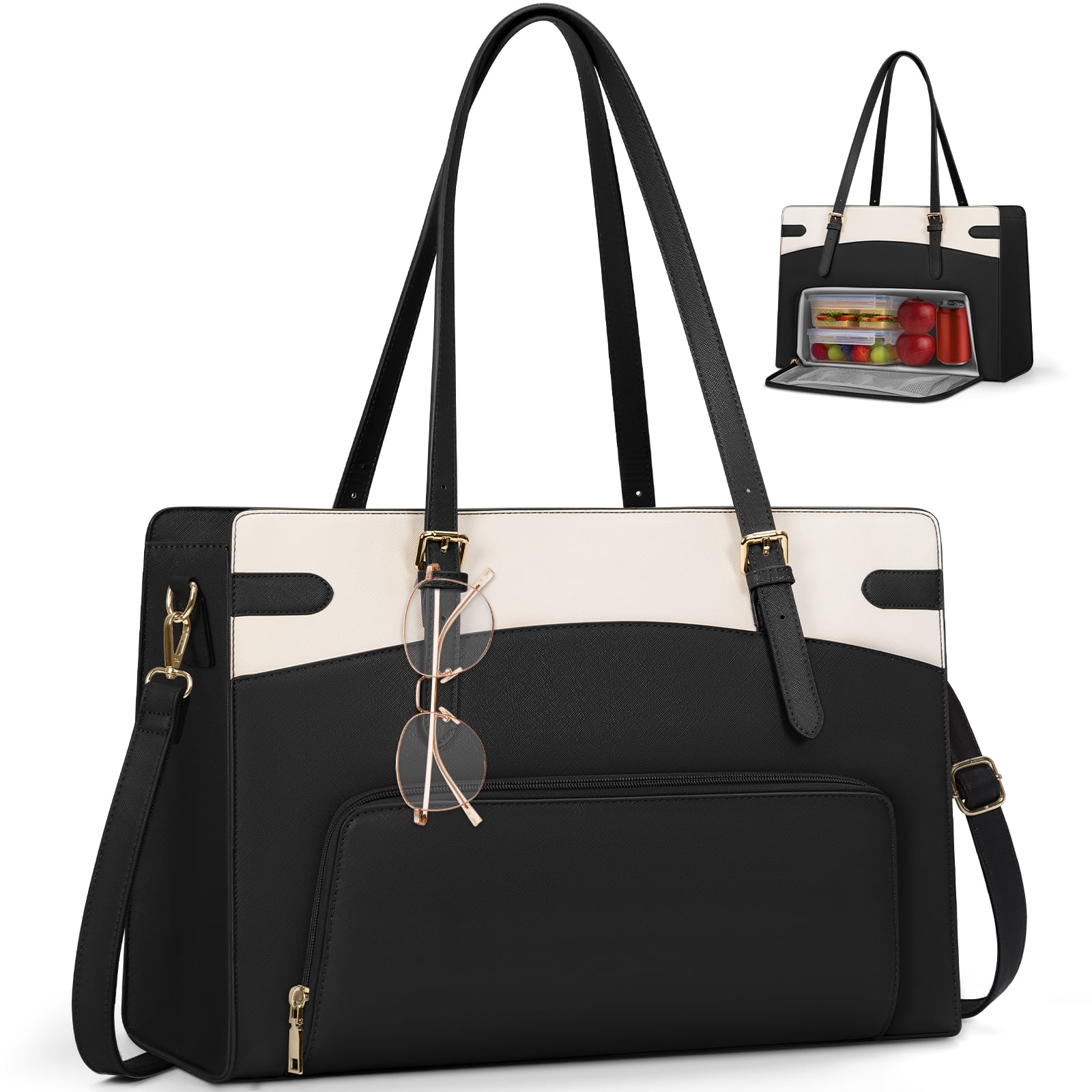 RAINSMORE 15.6 inch Lunch Tote Bag for Women Laptop Bags with Insulated Lunch Compartment Teacher Work Bag for Office Travel,BlackWhite