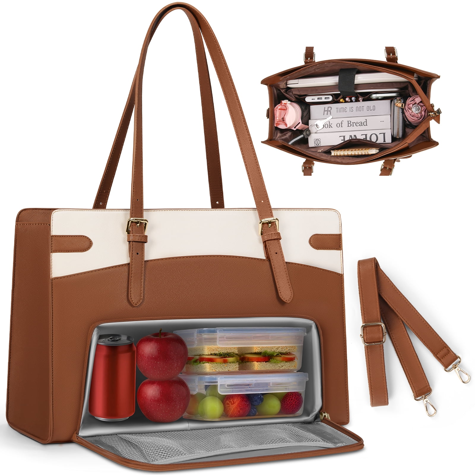 RAINSMORE 15.6 inch Lunch Tote Bag for Women Laptop Bags with Insulated Lunch Compartment Teacher Work Bag for Office Travel,BrownWhite
