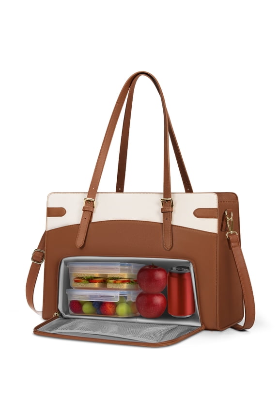 RAINSMORE 15.6 inch Lunch Tote Bag for Women Laptop Bags with Insulated Lunch Compartment Teacher Work Bag for Office Travel,BrownWhite