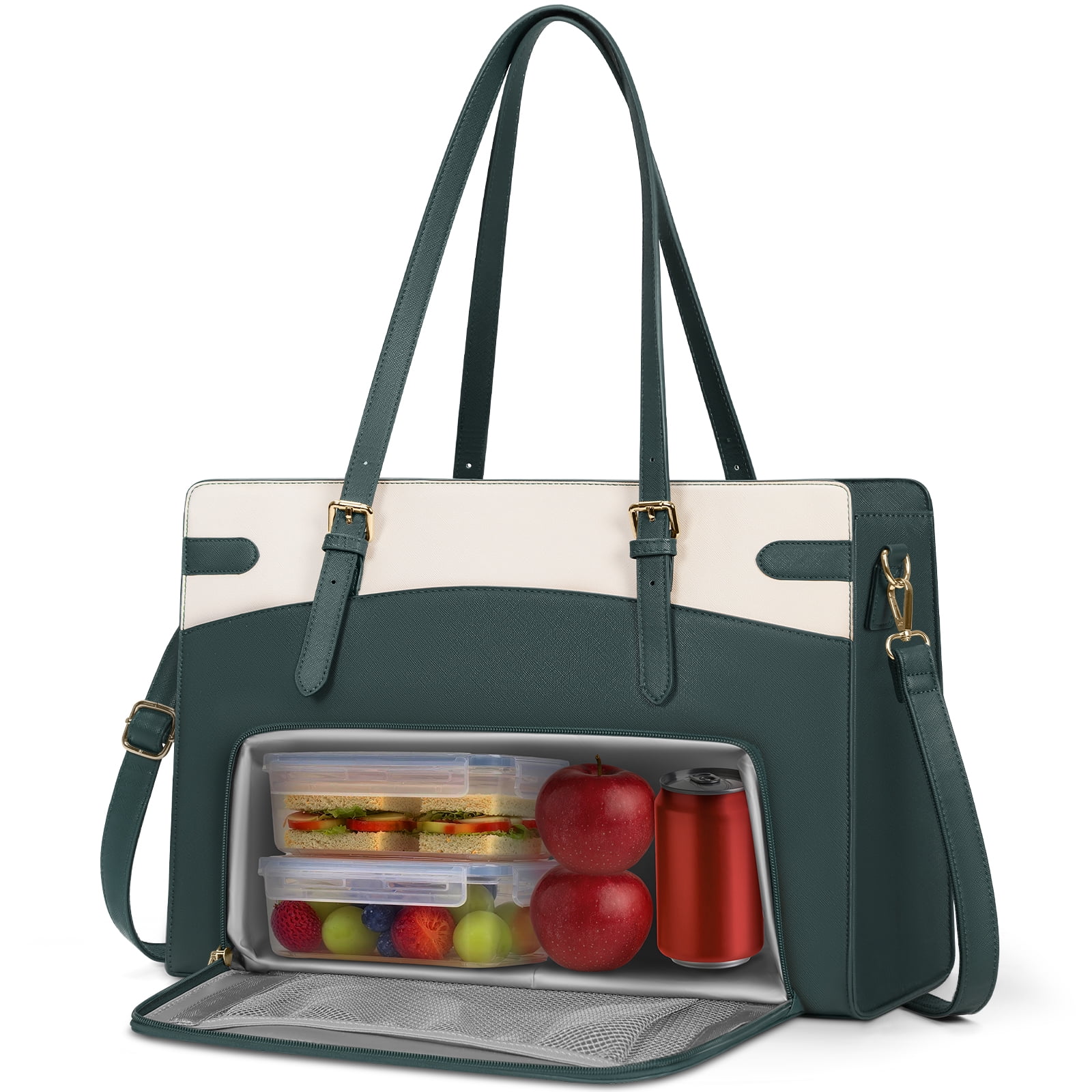 RAINSMORE 15.6 inch Lunch Tote Bag for Women Laptop Bags with Insulated Lunch Compartment Teacher Work Bag for Office Travel,GreenWhite