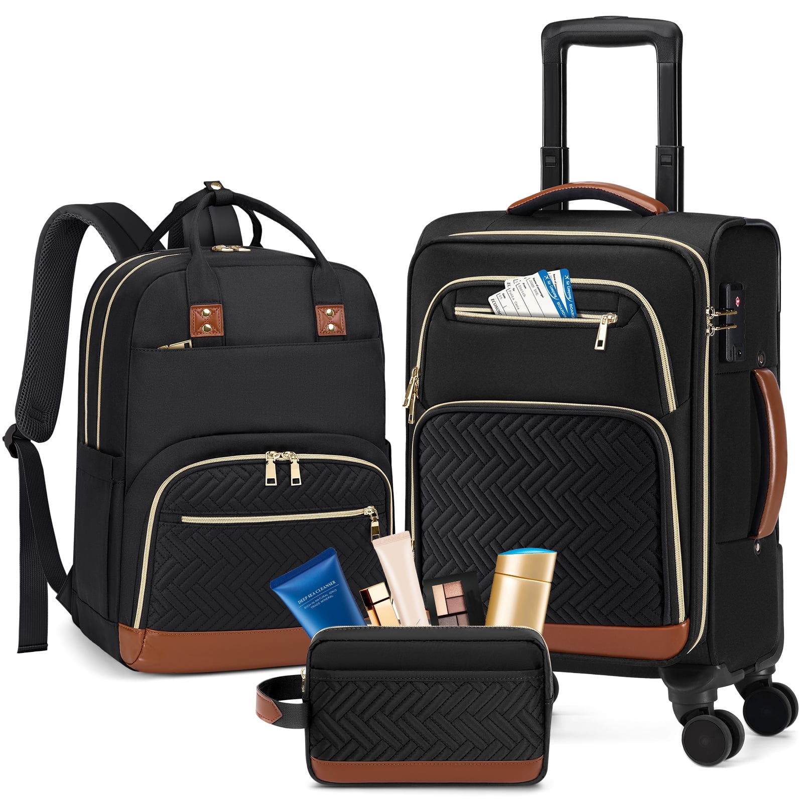 RAINSMORE 3 Piece Carry on Luggage Set with Backpack 20 Inch Softside Suitcases with Wheels Rolling Carry On Suitcase with TSA Lock for Travel Weekender,Black