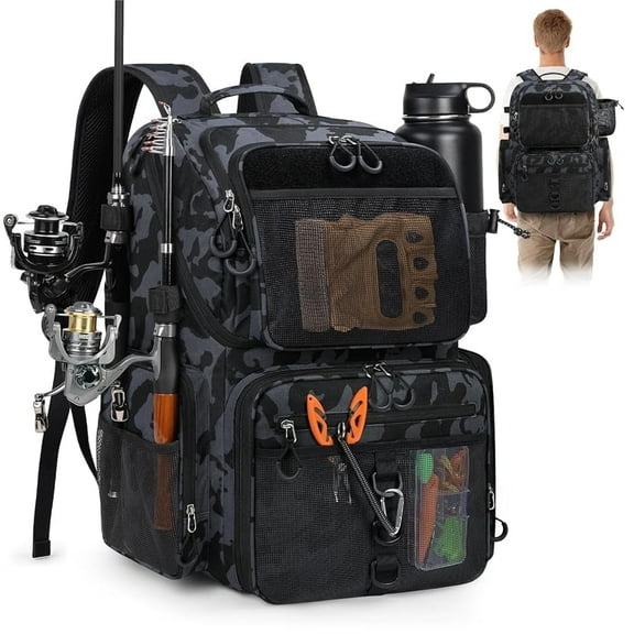 RAINSMORE 45L Fishing Backpack with Rod Holder & Waterproof Rain Cover, 900D Heavy-Duty Adjustable Compartments Fishing Tackle Bag Storage Fishing Gear - Gift for Men, Dad (Black and Blue Camouflage)