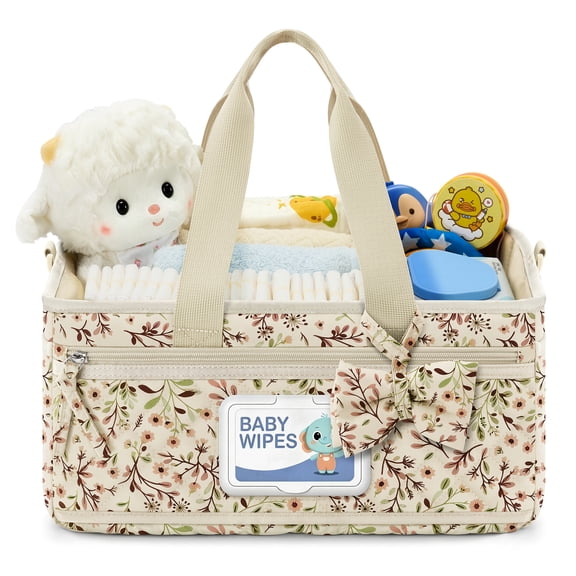 RAINSMORE Baby Diaper Caddy Organizer with Stroller Hooks and Strap Diaper Bags with Quick‑Access Wipes Pocket Removable Divider Gift for Baby Shower Travel Home