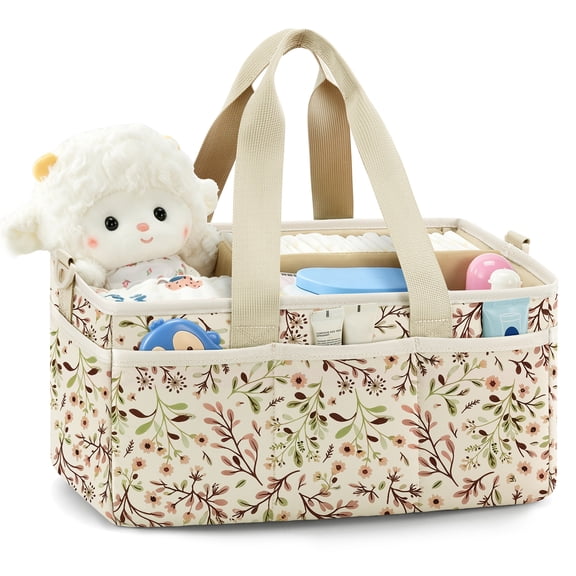 RAINSMORE Baby Diaper Caddy Organizer with Quick‑Access Wipes Pocket Diaper Bags Storage Basket Tote with Stroller Hanging Hooks, Removable Divider for Travel Home,Flower