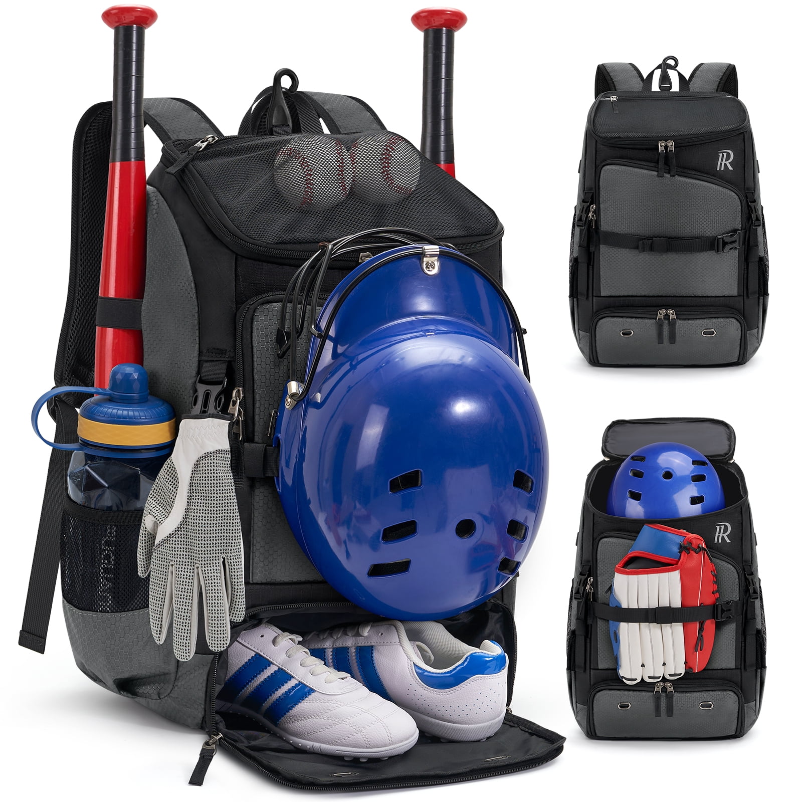 RAINSMORE Baseball Backpack 40L Large Softball Baseball Backapck with Helmet Holder, Shoe Compartment & Fence Hook, Durable Softball Gear Bag,Black/Gray