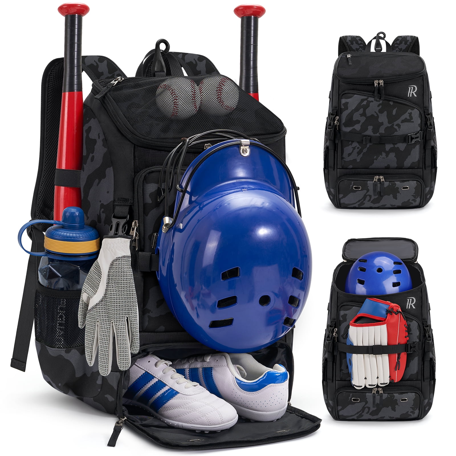 RAINSMORE Baseball Backpack 40L Large Softball Baseball Backapck with Helmet Holder, Shoe Compartment & Fence Hook, Durable Softball Gear Bag,Camouflage