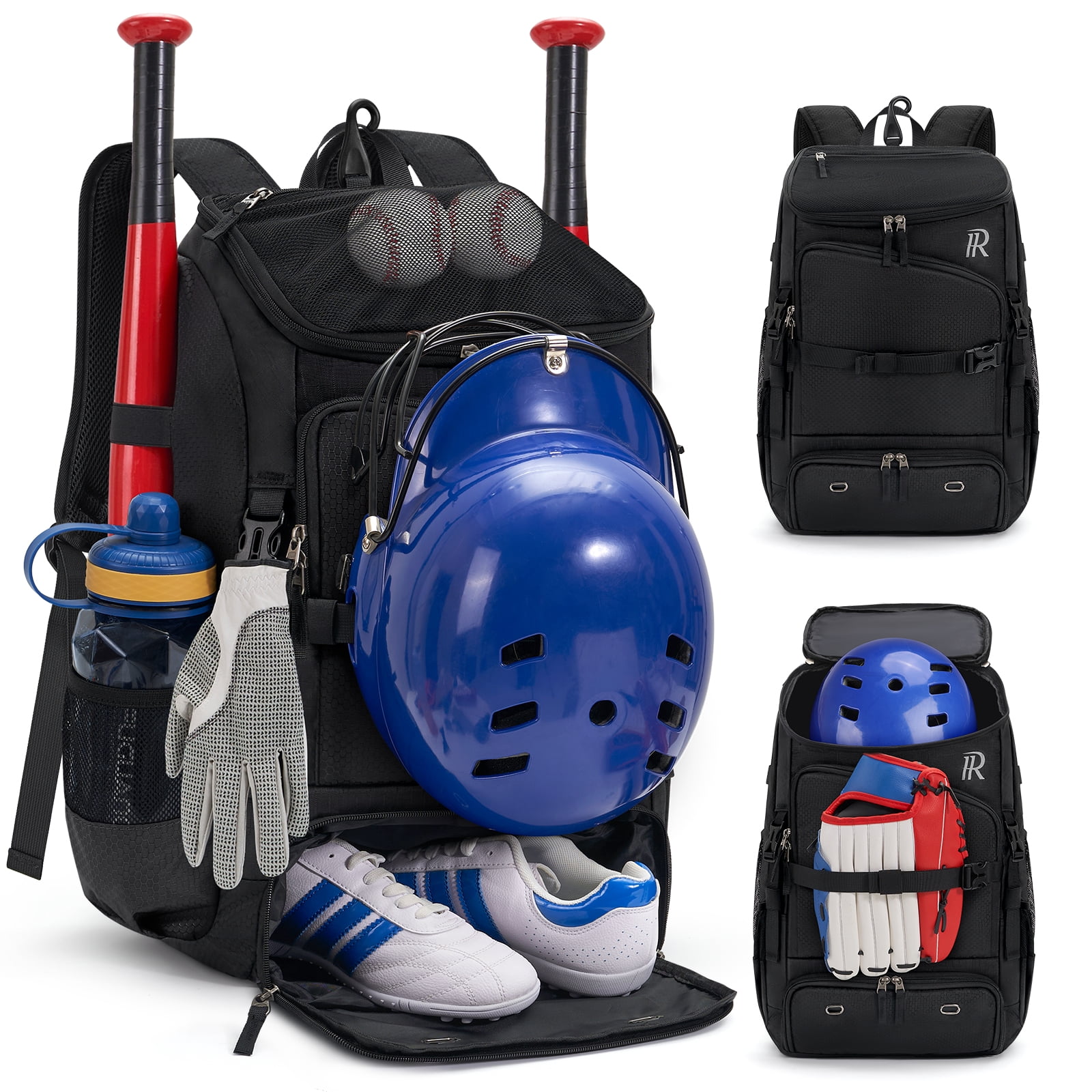 RAINSMORE Baseball Backpack 40L Large Softball Baseball Backapck with Helmet Holder, Shoe Compartment & Fence Hook, Durable Softball Gear Bag,Black