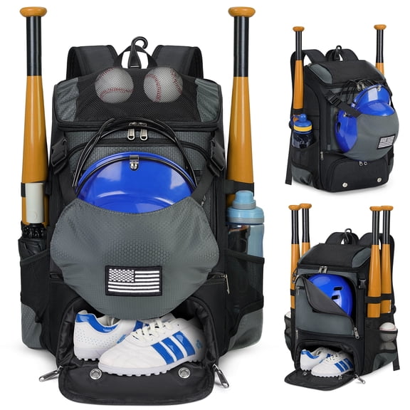 RAINSMORE Baseball Backpack, Lightweight Softball Bat Bag with Shoe Compartment, Fence Hook & Helmet Holder, Sports Gear Backpack for Youth Adult T-Ball Softball,Gray