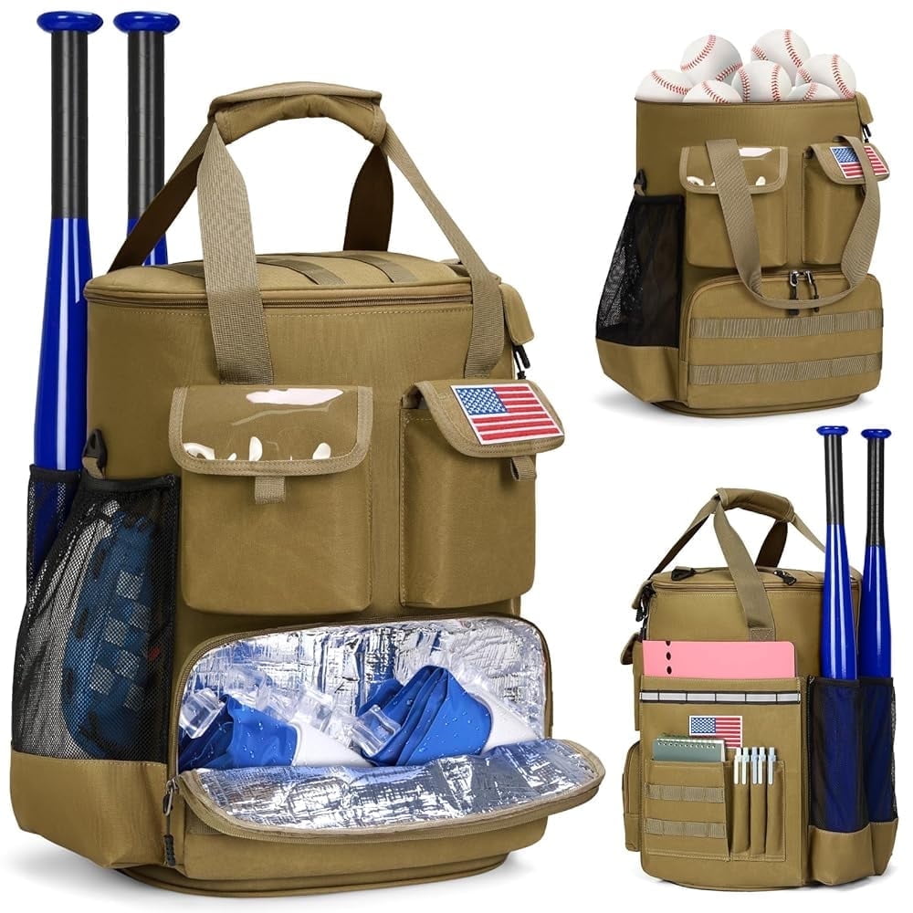 RAINSMORE Baseball Bucket Backpack Baseball Accessories Organizer Bag with Insulation Pocket Softball Baseball Bag with Anti-Slip Bottom,Brown