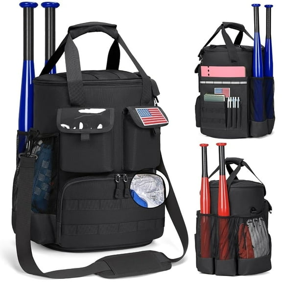 RAINSMORE Baseball Bucket Backpack Baseball Accessories Organizer Bag with Insulation Pocket Softball Baseball Bag with Anti-Slip Bottom,Black