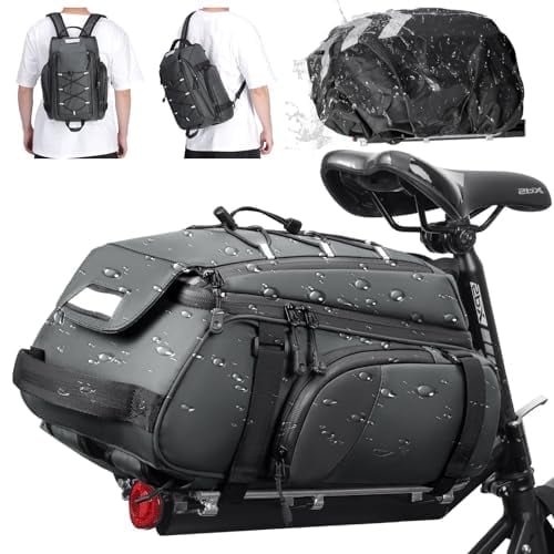 RAINSMORE Bike Bags for Bicycle Rear Rack 15L Waterproof Bike Ebike Trunk Pannier Saddle Bag with Rain Cover Bike Accessories Backpack Shoulder Bag for Commuter Travel Outdoor, Grey