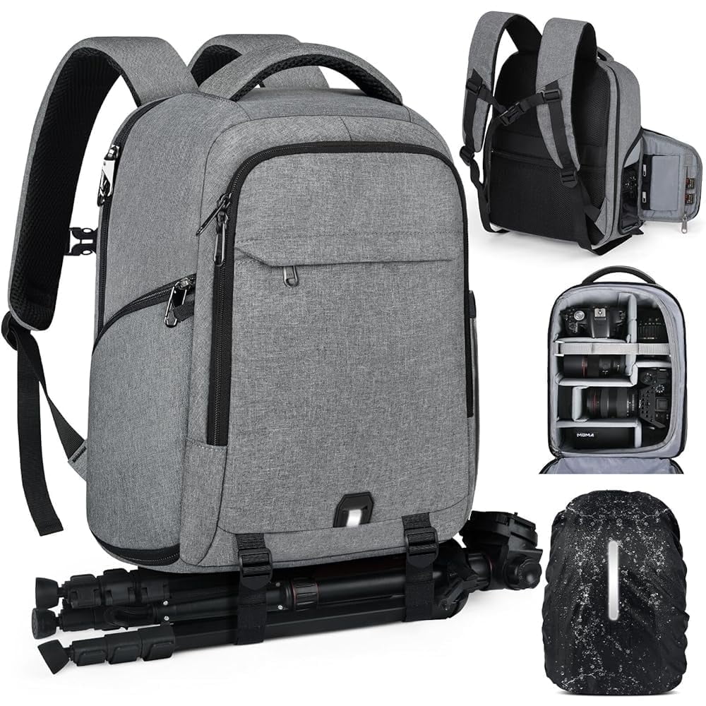 RAINSMORE Camera Backpack Camera Bag for Photographers DSLR SLR Mirrorless Camera Cases with Waterproof Rain Cover & Laptop Compartment Fits 14 Inch Laptop,Anti Theft Travel photography backpack,Gray