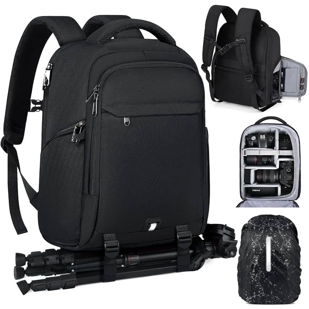 RAINSMORE Camera Backpack Camera Bag for Photographers DSLR SLR Mirrorless Camera Cases with Waterproof Rain Cover & Laptop Compartment Fits 15.6 Inch Laptop Travel photography backpack,Black