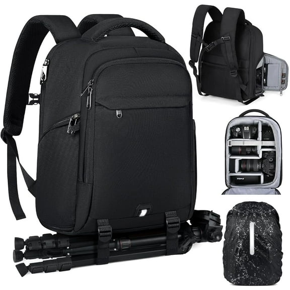 RAINSMORE Camera Backpack Camera Bag for Photographers DSLR SLR Mirrorless Camera Cases with Waterproof Rain Cover & Laptop Compartment Fits 15.6 Inch Laptop Travel photography backpack,Black