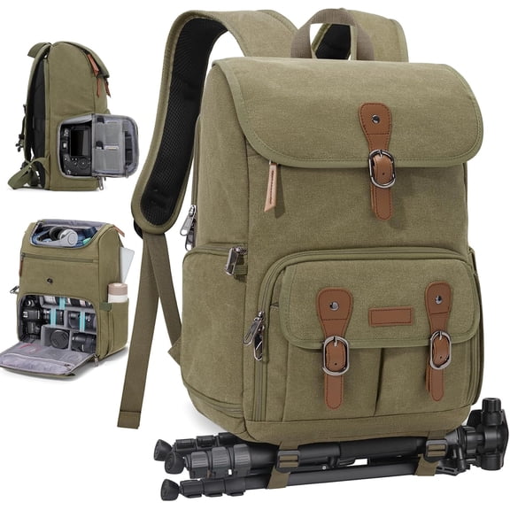 RAINSMORE Camera Bag Backpack 15.6 Inch Laptop Camera Bag for Photographers Anti-Theft Photography Bags Case with Tripod Holder & Rain Cover, Army green