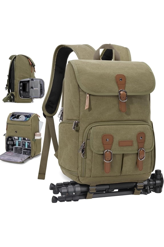 Camera Bag Backpack 15.6 Inch Laptop Camera Bag for Photographers Anti-Theft Photography Bags Case with Tripod Holder & Rain Cover, Army green