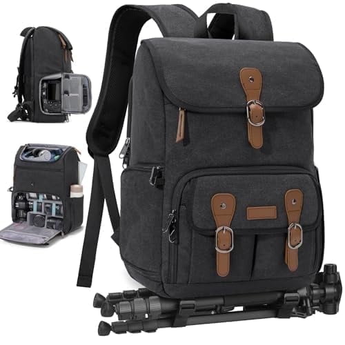 RAINSMORE Camera Bag Backpack for DSLR/SLR Mirrorless 15.6 Inch Laptop Camera Back Pack for Photographers Anti-Theft Photography Bags Case with Tripod Holder & Rain Cover, Black