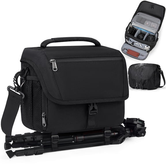 RAINSMORE Camera Bag, DSLR/SLR/Mirrorless Camera Case with Tripod Holder Waterproof Camera Sling Bag Crossbody Camera Bags for Photographers with Rain Cover for Canon/Nikon/Sony/Fuji