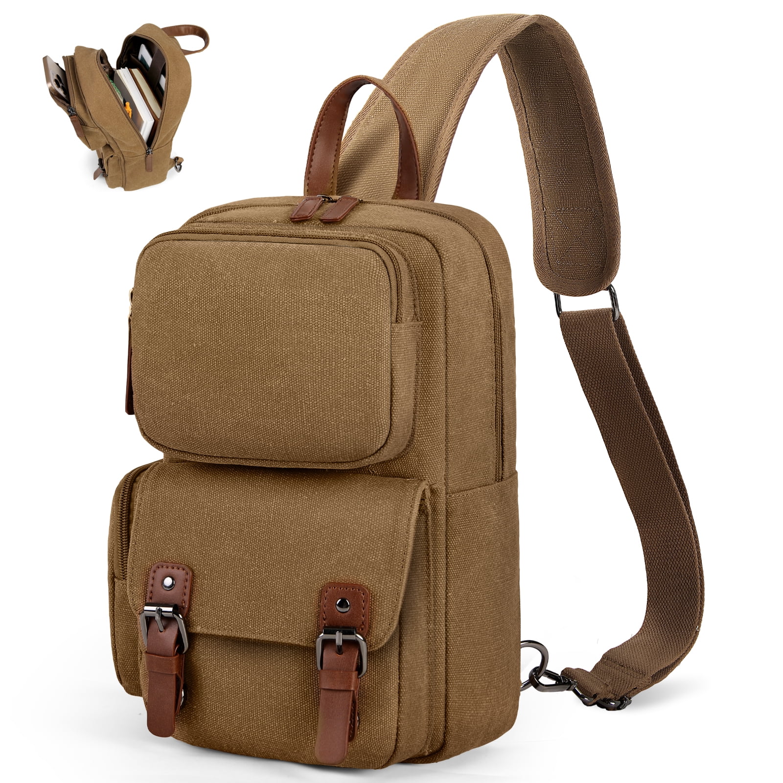 RAINSMORE Canvas Cross Body Messenger Bag for Men Women Shoulder Small Sling Bag Backpack for Travel Hiking,Brown