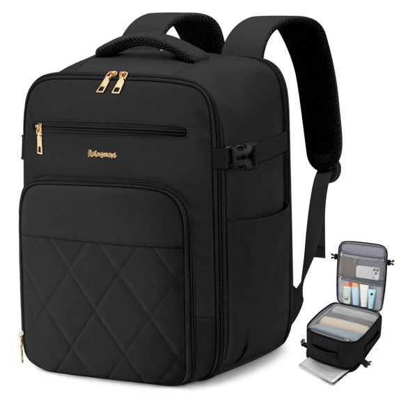 RAINSMORE Underseat Carry On Travel Backpack 24L Cabin Bags Fits 15.6 Inch Laptop for Women Hand Waterproof Luggage Bag Daypack for Business Trip,Black