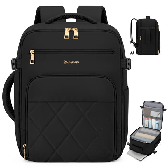 RAINSMORE Carry On Travel Backpack, 24L Laptop Backpack for Everyday on Airplane Weekender Hiking Backpack Waterproof Dry Wet Multi‑Pocket Luggage Daypack for Business Trip,Black
