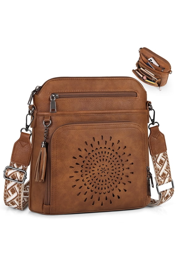 RAINSMORE Crossbody Bags for Women Designer Womens Shoulder Handbags Leather Trendy Crossbody Purse,Brown