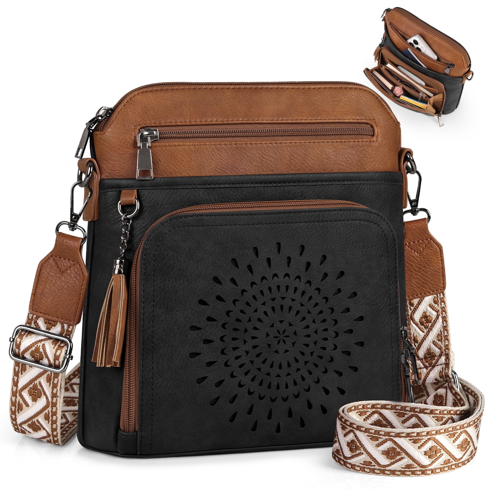 RAINSMORE Crossbody Bags for Women Leather Crossbody Purse Designer Womens Shoulder Handbags Trendy Cross Body Purse,BlackBrown