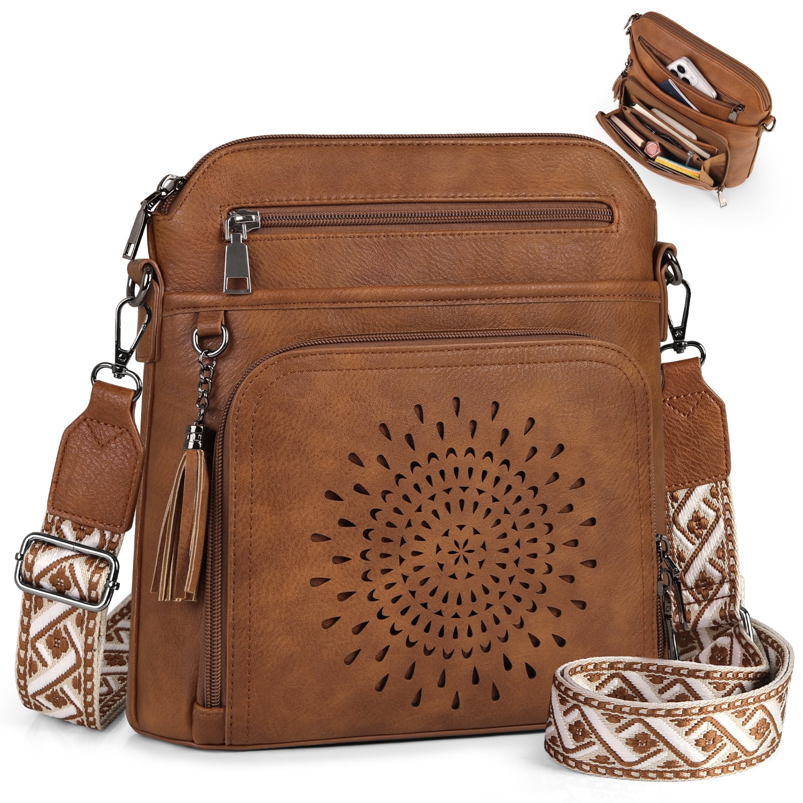 RAINSMORE Crossbody Bags for Women Leather Crossbody Purse Designer Womens Shoulder Handbags Trendy Cross Body Purse,Brown