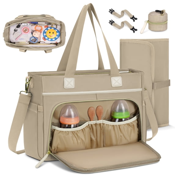 RAINSMORE Diaper Bag Tote, Large Diaper Baby Bag Waterproof Multifunctional Diaper Bag with Pacifier Case & Changing Pad