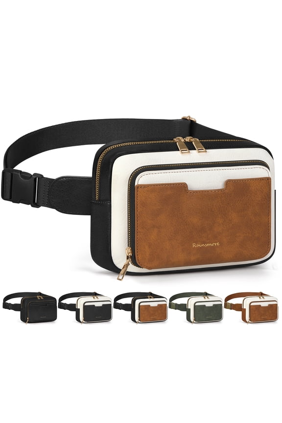 Fanny Packs for Women, Leather Belt Bag Waterproof Everywhere Crossbody Waist Pack with Adjustable Strap Retro Sling Chest Bag for Work Running Travel Party,Black&Brown&White