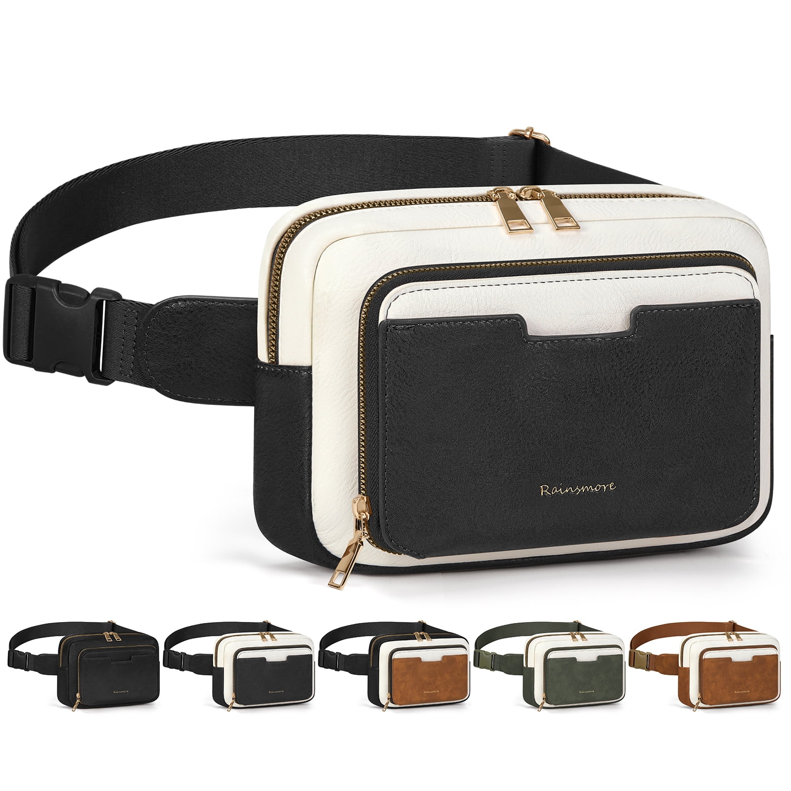 RAINSMORE Fanny Packs for Women, Leather Belt Bag Waterproof Everywhere Crossbody Waist Pack with Adjustable Strap Retro Sling Chest Bag for Work Running Travel Party,Black&White