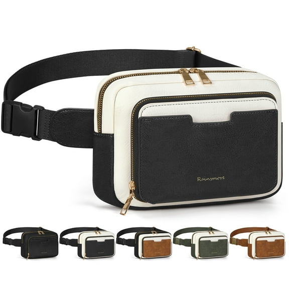 RAINSMORE Fanny Packs for Women, Leather Belt Bag Waterproof Everywhere Crossbody Waist Pack with Adjustable Strap Retro Sling Chest Bag for Work Running Travel Party,Black&White