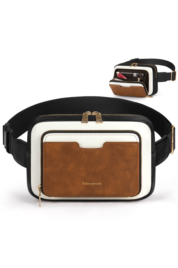 Fanny Packs for Women, Leather Belt Bag Waterproof Everywhere Crossbody Waist Pack with Adjustable Strap Retro Sling Chest Bag for Work Running Travel Party,Black&Brown&White