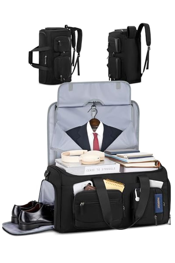 RAINSMORE Garment Bags for Travel 3 in 1 Suit Travel Bag for Business Trips with Shoulder Strap 45L Convertible Garment Duffle Bag for Hanging Clothes, Black