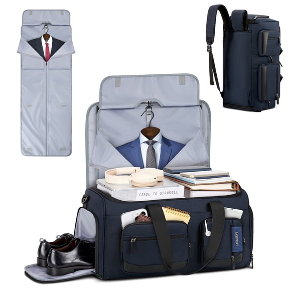 RAINSMORE Garment Bags for Travel 3 in 1 Suit Travel Bag for Business Trips with Shoulder Strap 45L Convertible Garment Duffle Bag for Hanging Clothes, Blue