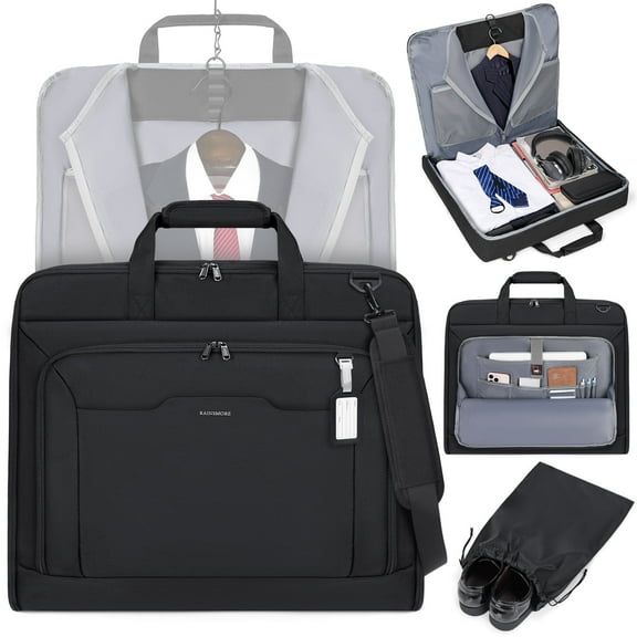 RAINSMORE Garment Bags for Travel Carry On Garment Bag for Hanging Clothes, Suit Bag for Business Trips with Shoes bag & Shoulder Strap, Waterproof Foldable Suit Luggage Bag for Men Women, Black