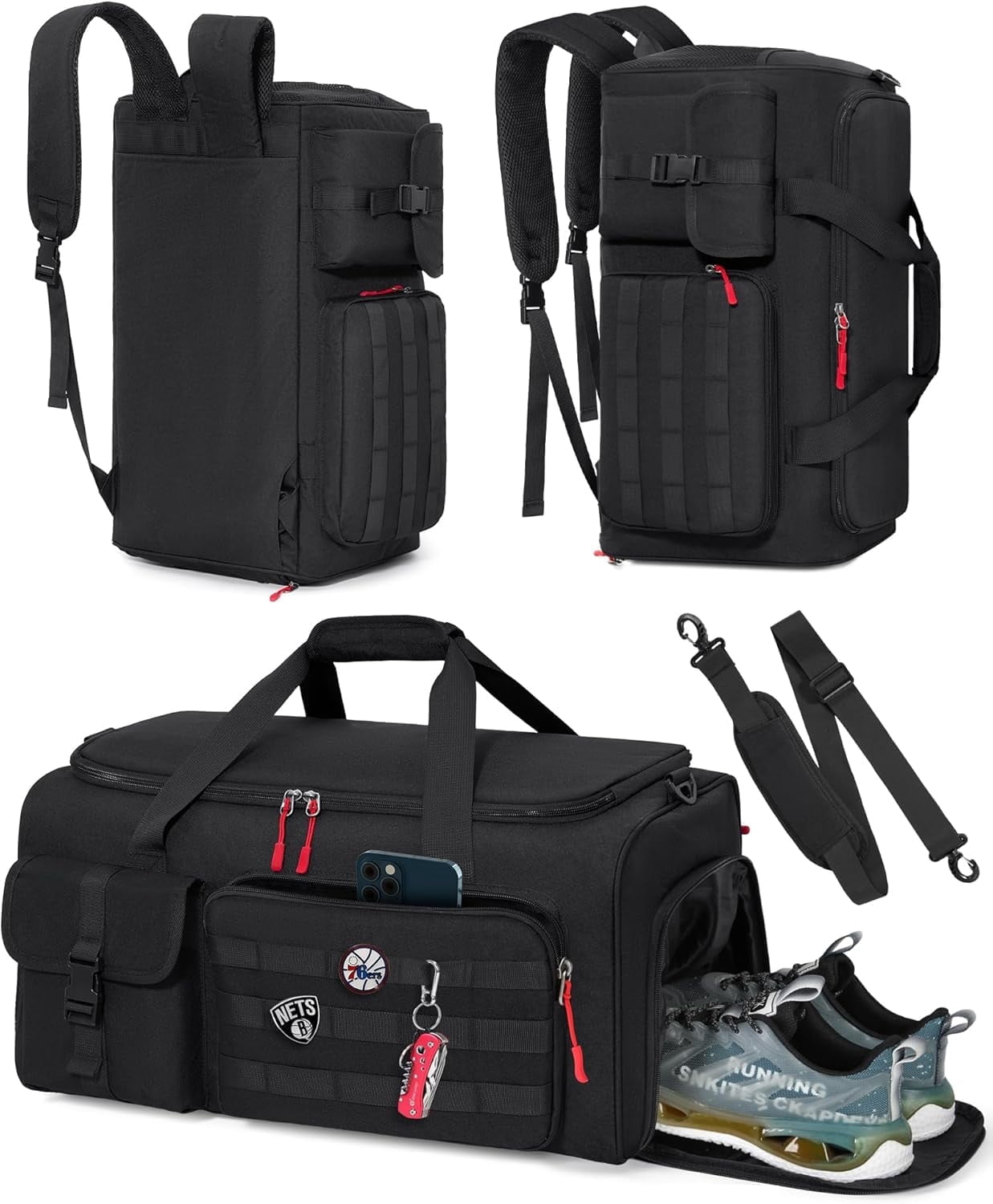 RAINSMORE Gym Bag for Men, 45L Sports Travel Duffel Bag with Shoe & Laptop Compartment, Gym Workout Backpack Carry On Weekender Bag Overnight Backpack for Travel, Black