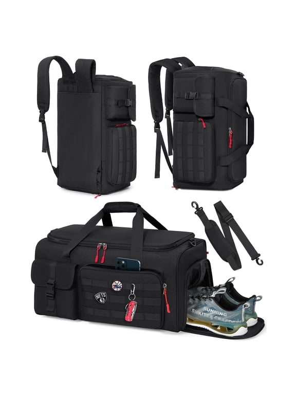 Gym Bag for Men, 45L Sports Travel Duffel Bag with Shoe & Laptop Compartment, Gym Workout Backpack Carry On Weekender Bag Overnight Backpack for Travel, Black