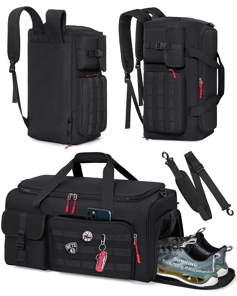 RAINSMORE Gym Bag for Men, 45L Sports Travel Duffel Bag with Shoe & Laptop Compartment, Gym Workout Backpack Carry On Weekender Bag Overnight Backpack for Travel, Black