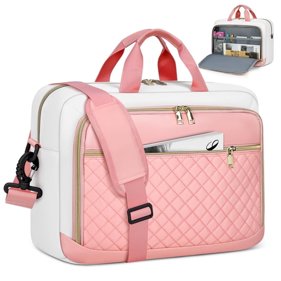 RAINSMORE Laptop Bag 17.3 Inch Laptop Briefcase for Women Men Waterproof Shoulder Messenger Bag Large Computer Bag for Business Office Work College,Pink and Beige