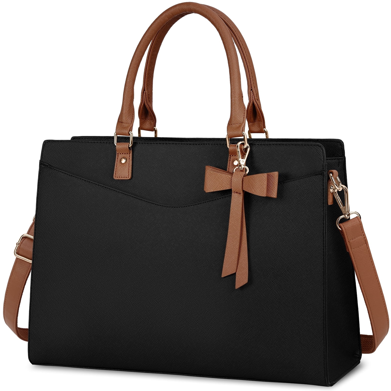 RAINSMORE Laptop Bag for Women 15.6 Inch Laptop Briefcase PU Tote Bag Waterproof Computer Tote Bag for Business Office Work Lightweight Shoulder Handbag,Black and Dark Brown