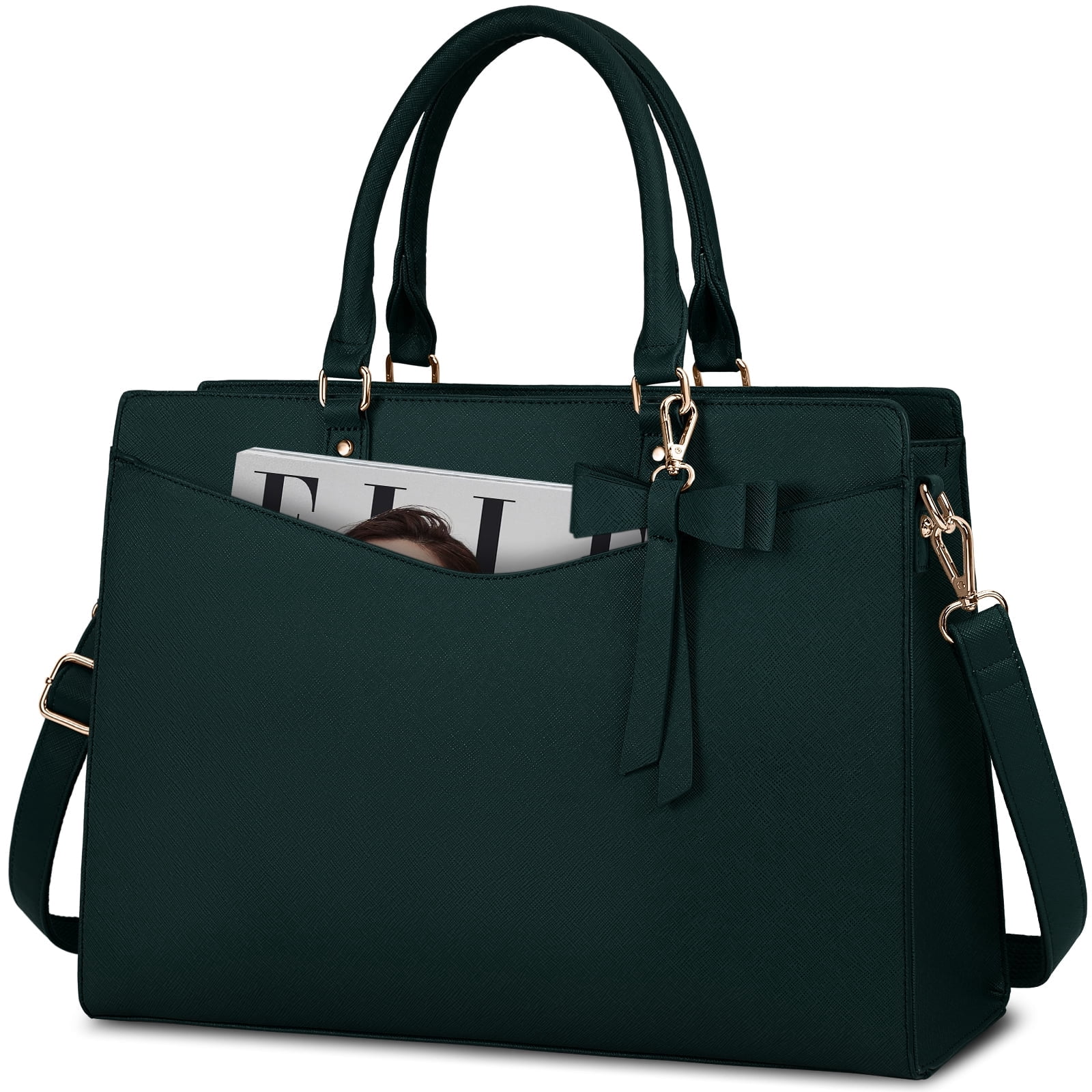 RAINSMORE Laptop Bag for Women 15.6 Inch Laptop Briefcase PU Tote Bag Waterproof Computer Tote Bag for Business Office Work Lightweight Shoulder Handbag,Dark Green