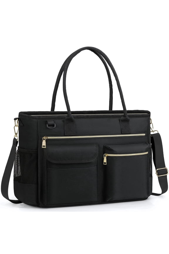 RAINSMORE Laptop Bag for Women 15.6 Inch Teacher Tote Bag Nurse Bag Laptop Tote Briefcase Messenger Shoulder Bags Large Handbag Business Office Work,Black