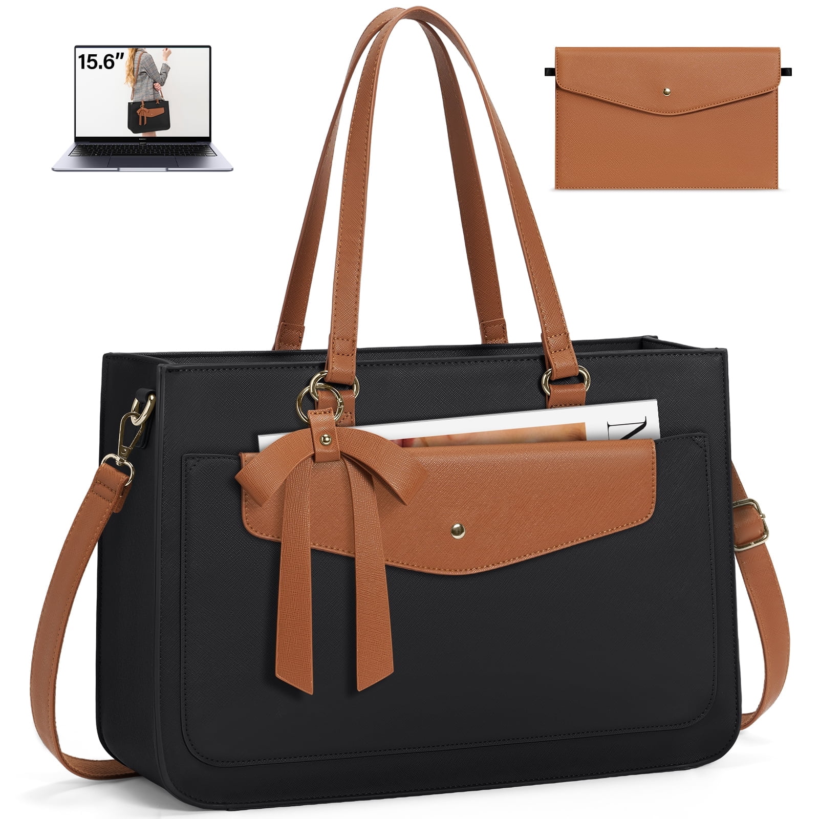 RAINSMORE Women's Handbag 15.6 Inch Leather Tote Bags Waterproof Laptop Briefcase Office Business Work Travel Handbag for College Teacher