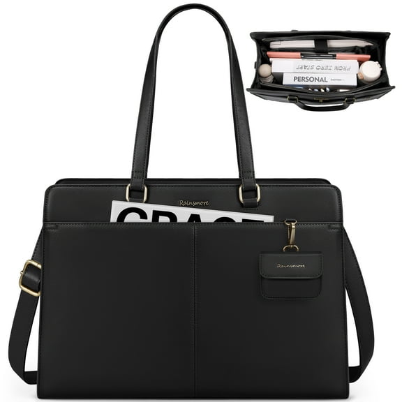 RAINSMORE Laptop Bag for Women 15.6 inch Laptop Tote Briefcase Waterproof Leather Computer Bag Work Tote Bags,Black