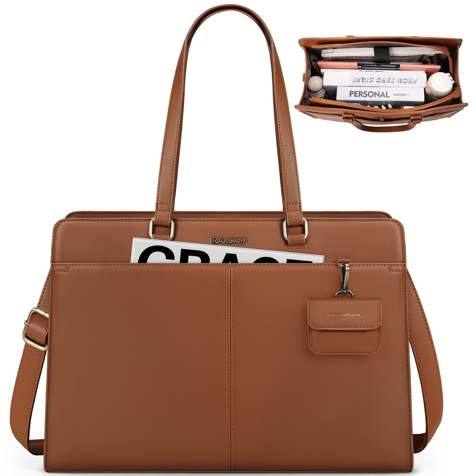 RAINSMORE Laptop Bag for Women 15.7 inch Laptop Tote Briefcase Waterproof Leather Computer Bag Work Tote Bags,Brown